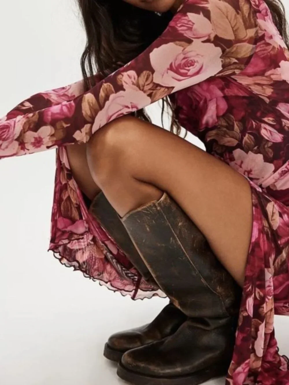 Free People Floral Mesh Long Sleeve Maxi Dress S